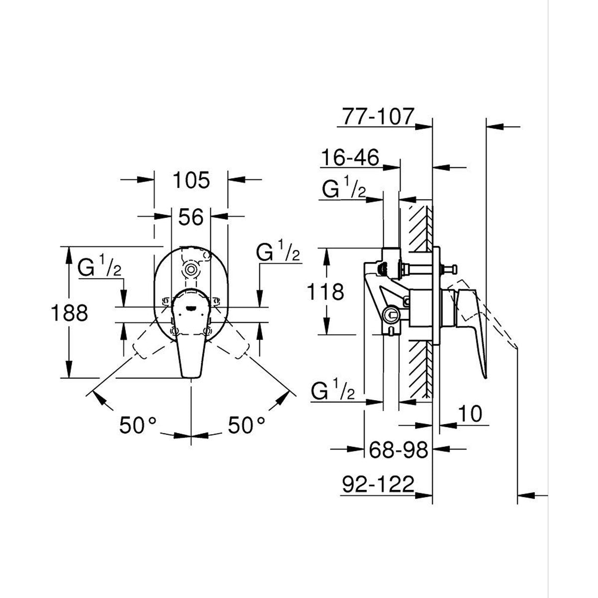 Grohe BauEdge Ankastre Banyo Bataryası - Teknik Çizim