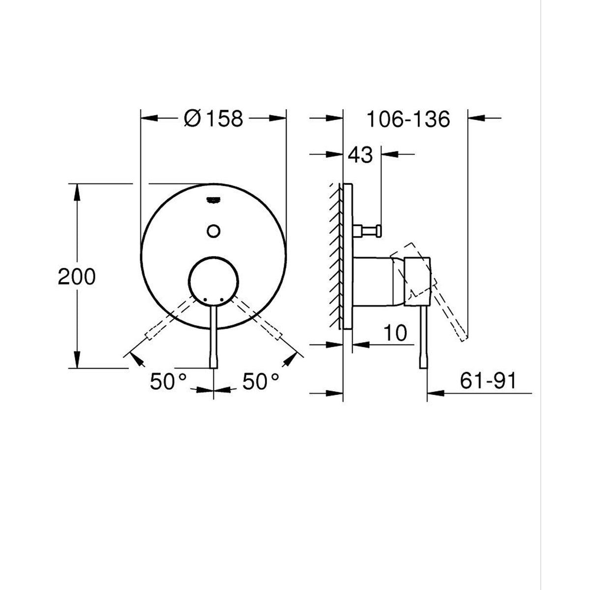 Grohe Essence Ankastre Banyo/Duş Bataryası (Sıva Üstü Grubu), Altın - Teknik Çizim