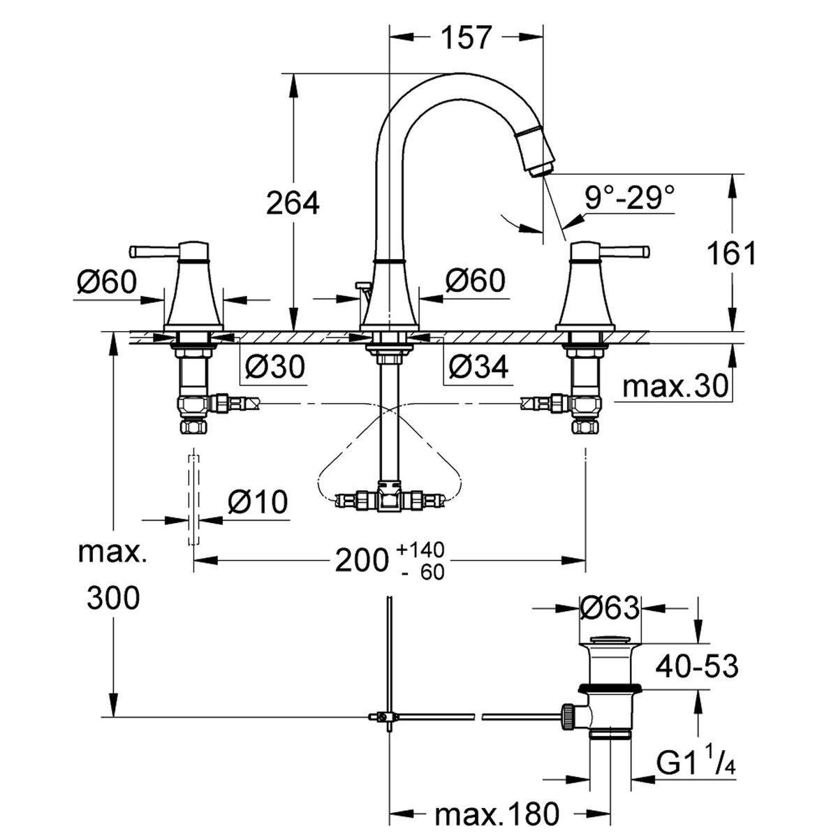 Grohe Grandera 3 Delikli Lavabo Bataryası, Sifon Kumandalı, Bakır - Teknik Çizim