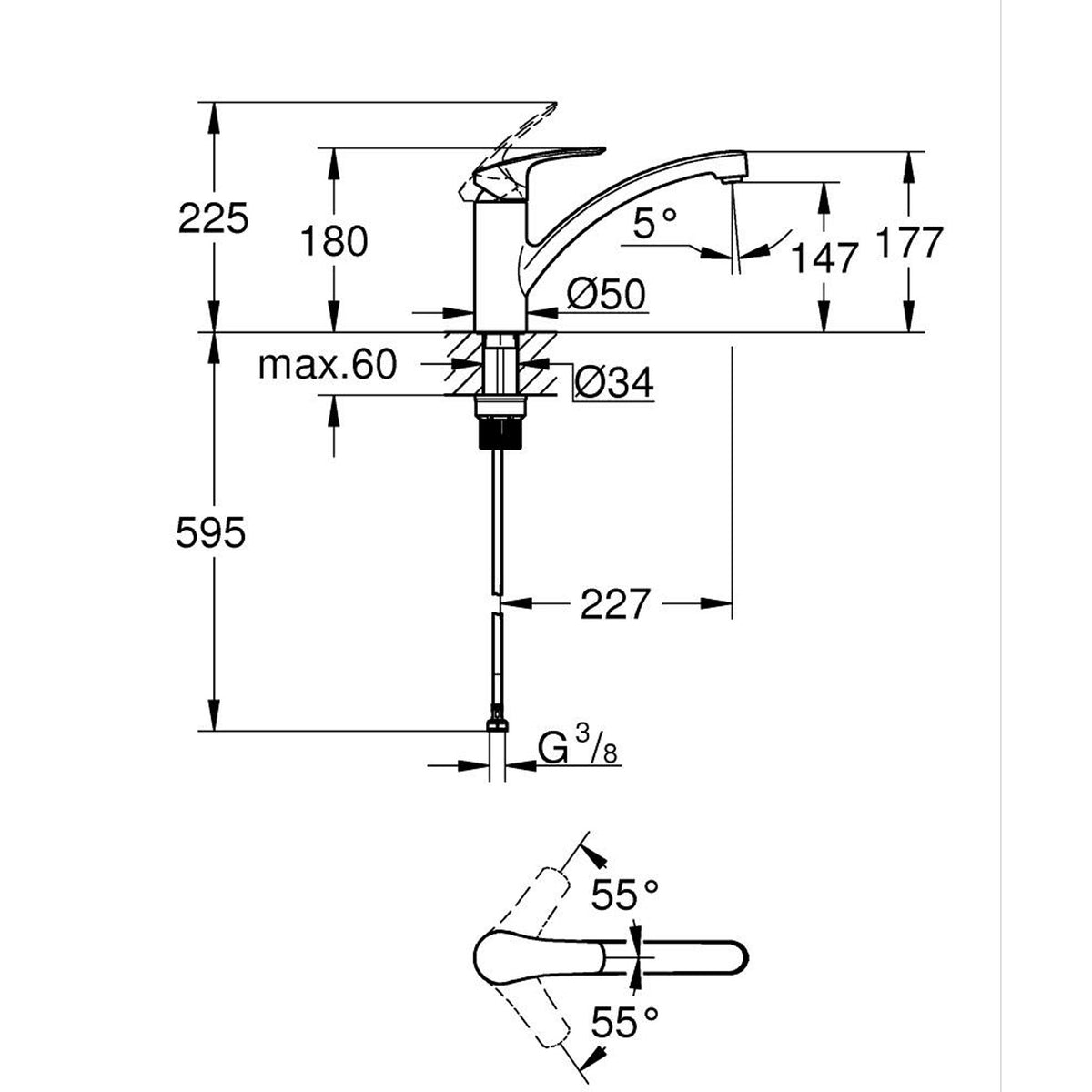 Grohe Eurosmart Döner Başlıklı Eviye Bataryası - Teknik Çizim