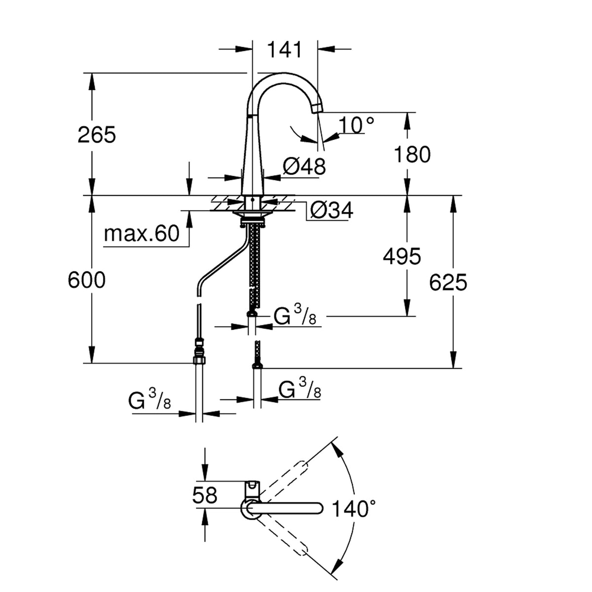 Grohe Zedra Arıtmalı Eviye Bataryası (Sadece Soğuk Su) - Teknik Çizim