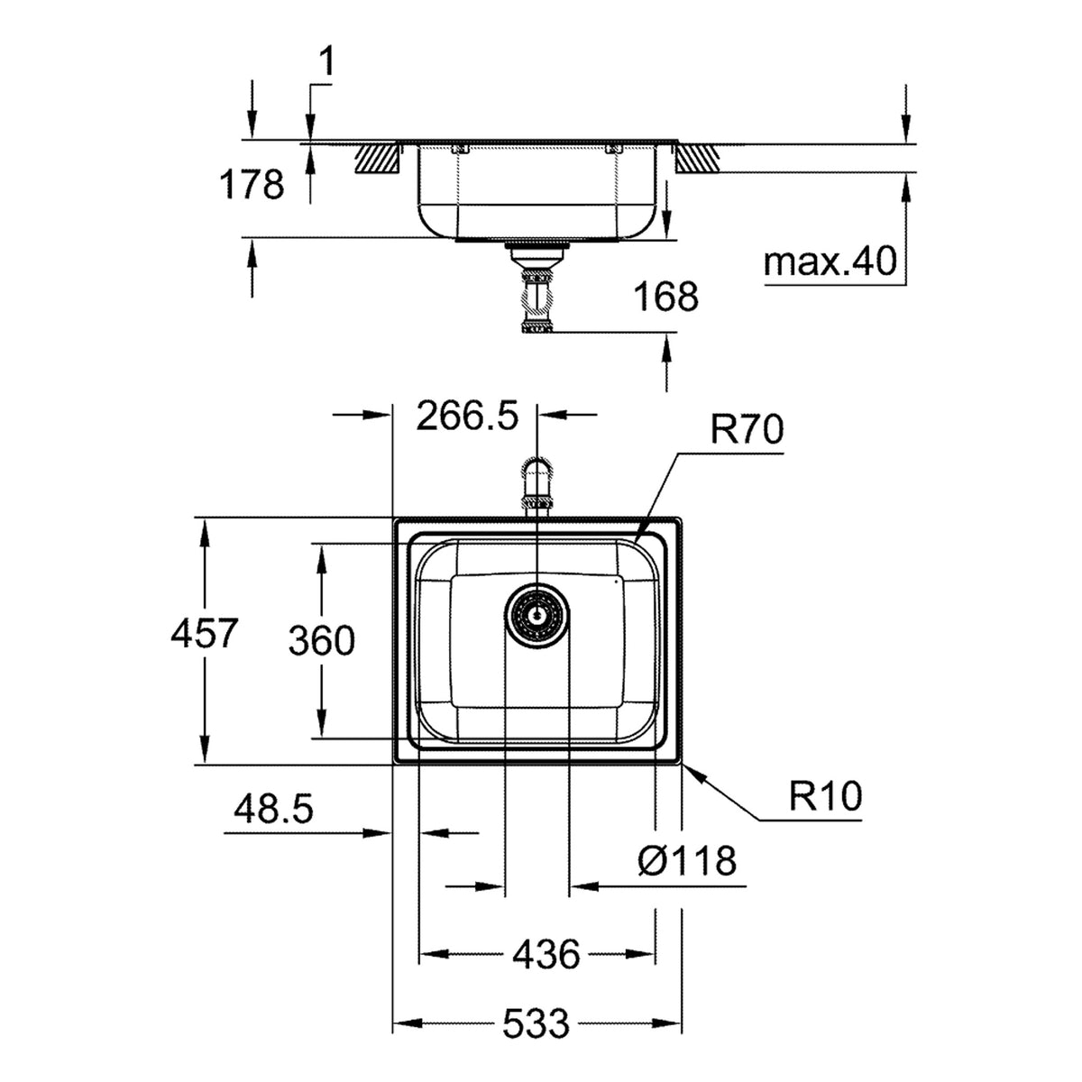 Grohe K200 Tek Gözlü Eviye, Paslanmaz Çelik (53x46 cm) - Teknik Çizim