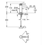 Grohe Essence Lavabo Bataryası (S-Boy), İşlenmiş Krom - Teknik Çizim