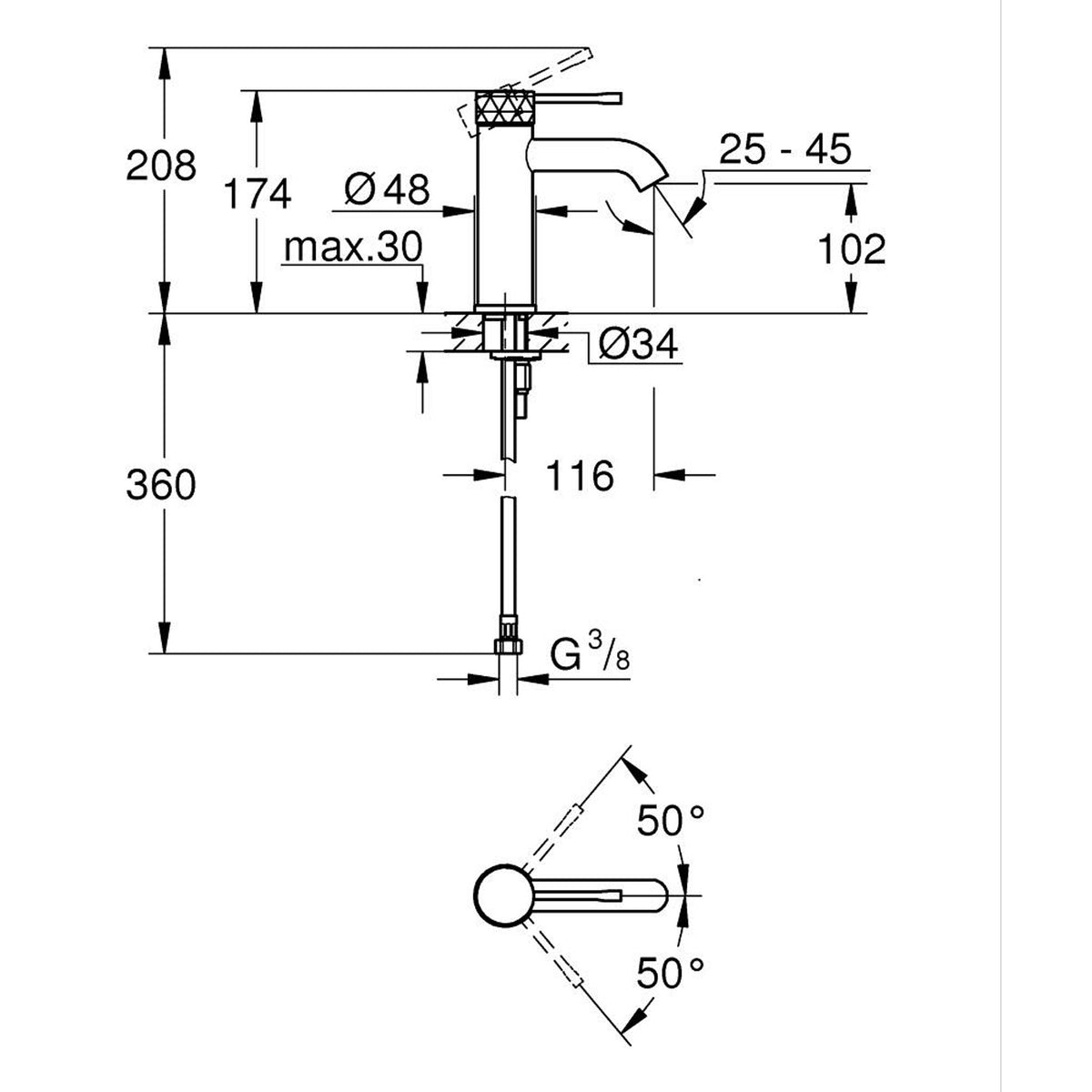 Grohe Essence Lavabo Bataryası (S-Boy), İşlenmiş Krom - Teknik Çizim