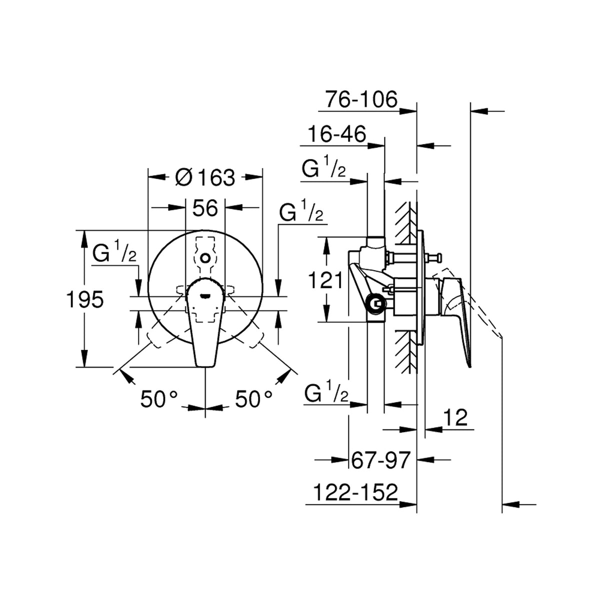 Grohe BauEdge Ankastre Banyo Bataryası - Teknik Çizim