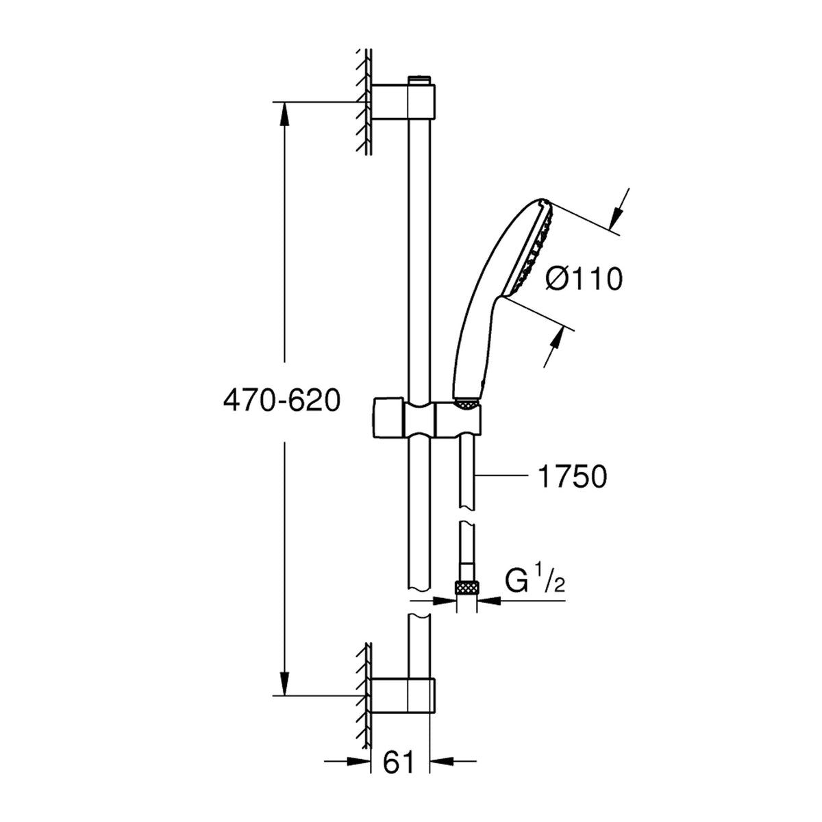 Grohe Tempesta 110 Sürgülü Duş Seti, Tek Akışlı - Teknik Çizim