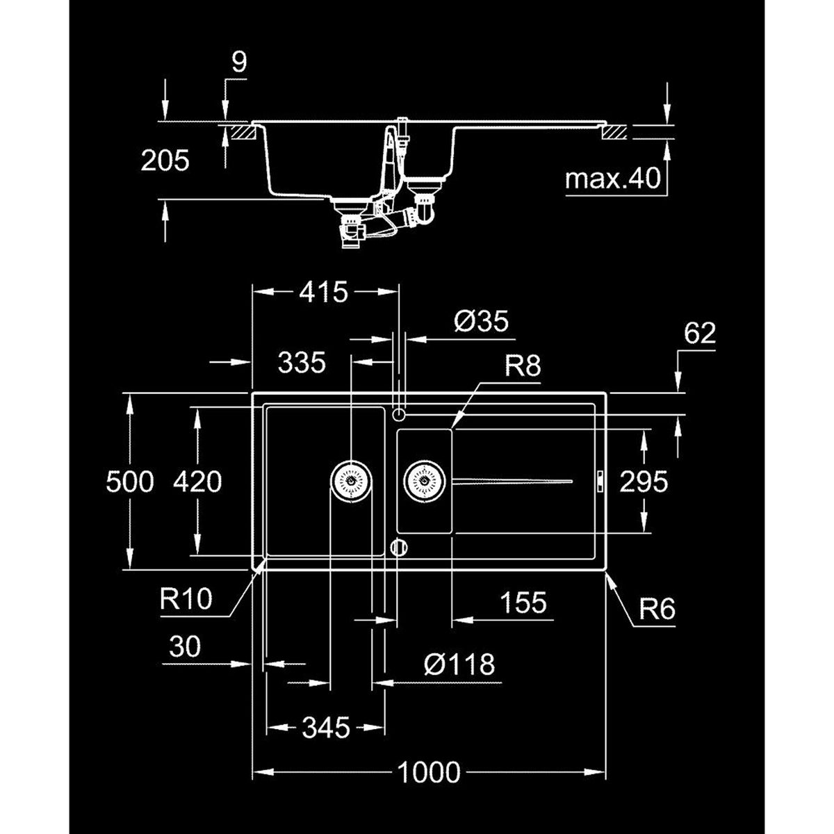 Grohe K400 Kompozit Damlalıklı 1,5 Gözlü Eviye, Granit Siyah - Teknik Çizim