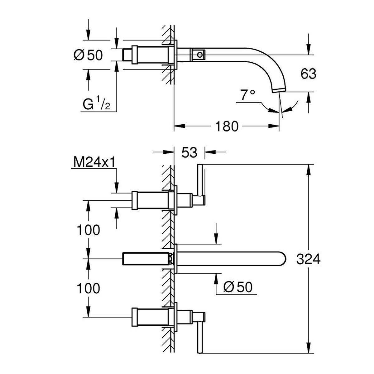Grohe Atrio 3 Delikli Duvardan Ankastre Lavabo Bataryası (Sıva Üstü Grubu), Fırçalı Altın - Teknik Çizim