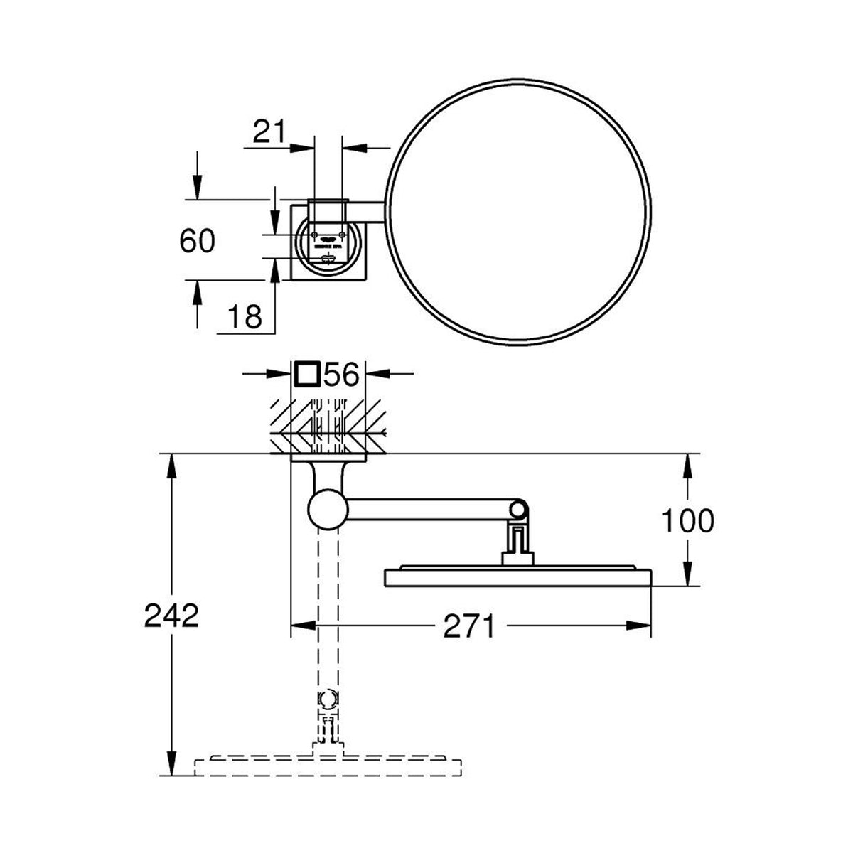 Grohe Allure Makyaj ve Tıraş Aynası, Altın - Teknik Çizim