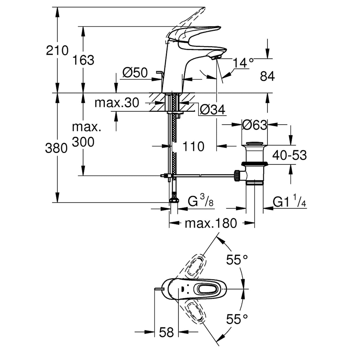 Grohe Eurostyle Lavabo Bataryası, Sifon Kumandalı (Rev.) - Teknik Çizim