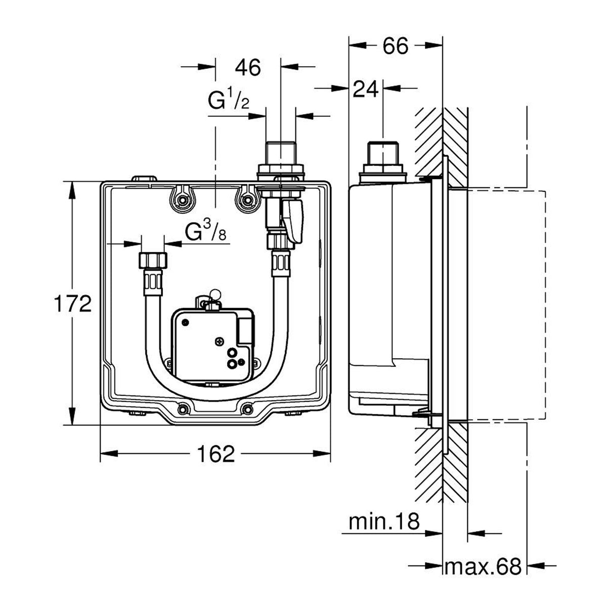 Grohe Euroeco Cosmopolitan E Fotoselli Bataryalar İçin İç Gövde (Tek Su Girişli) - Teknik Çizim