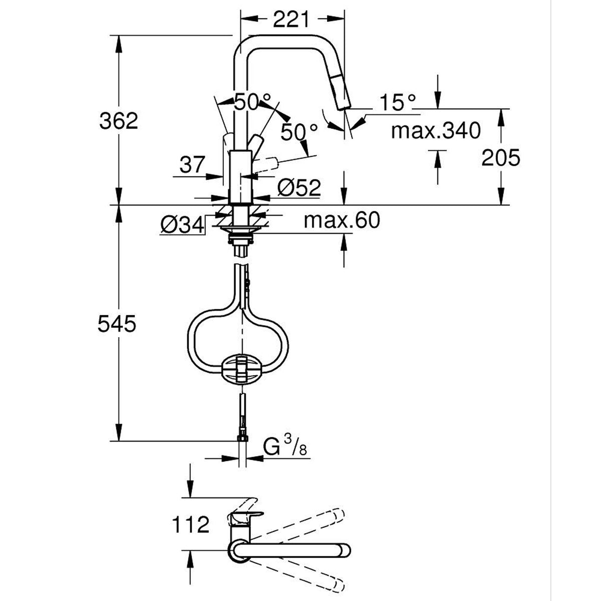Grohe Eurosmart Kuğu Borulu Eviye Bataryası - Teknik Çizim