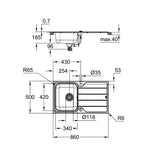 Grohe K500 Damlalıklı Tek Gözlü Eviye, Paslanmaz Çelik (Sağ-Sol Damlalıklı, 86x50 cm) - Teknik Çizim