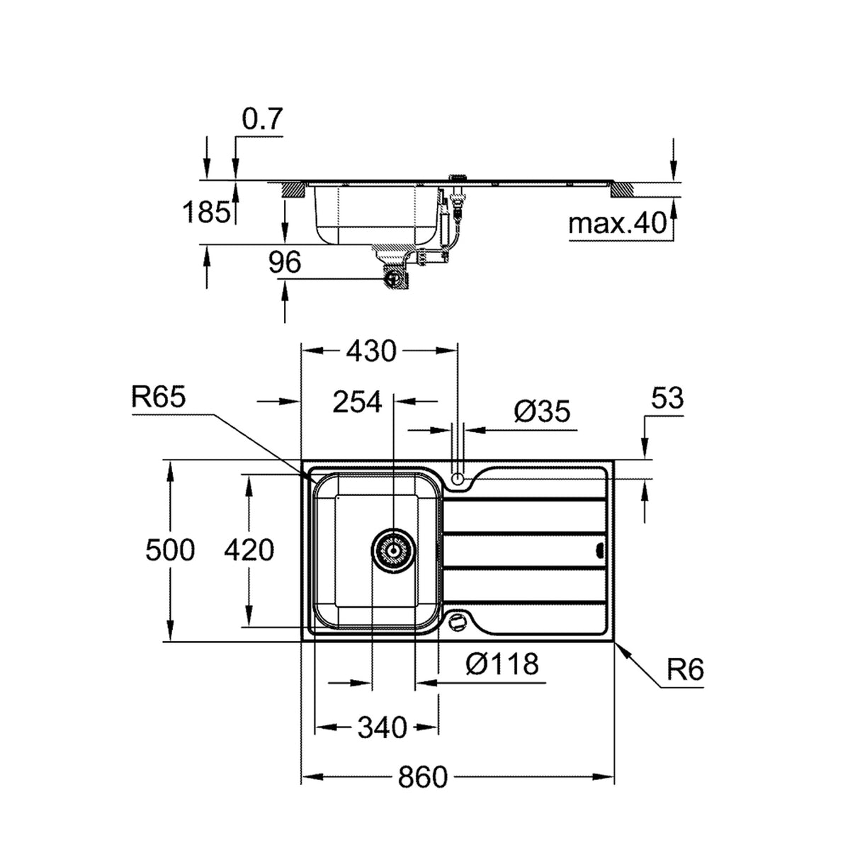 Grohe K500 Damlalıklı Tek Gözlü Eviye, Paslanmaz Çelik (Sağ-Sol Damlalıklı, 86x50 cm) - Teknik Çizim