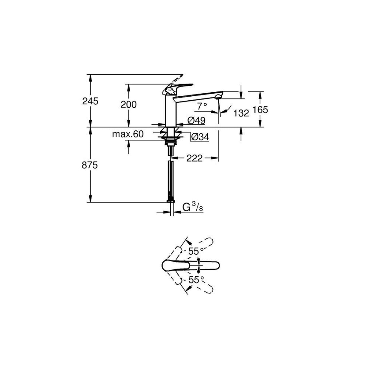 Grohe Eurosmart Eviye Bataryası - Teknik Çizim