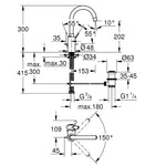 Grohe Eurocosmo Yüksek Lavabo Bataryası, Sifon Kumandalı - Teknik Çizim
