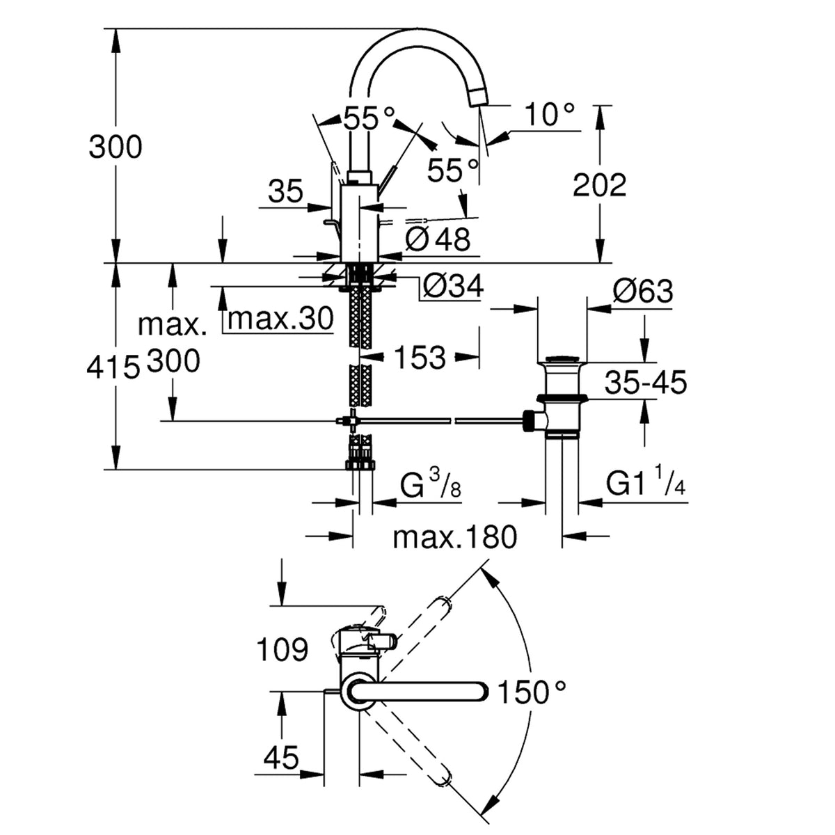 Grohe Eurocosmo Yüksek Lavabo Bataryası, Sifon Kumandalı - Teknik Çizim
