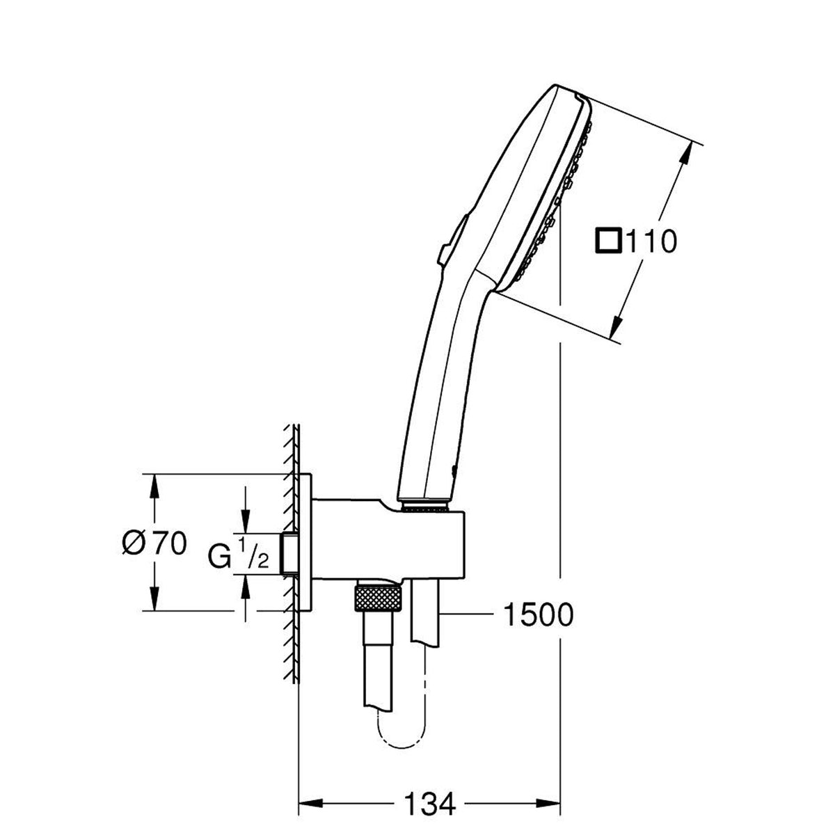 Grohe Tempesta Cube 110 Ankastre Bağlantılı El Duşu Seti, 3 Akışlı, Mat Siyah - Teknik Çizim