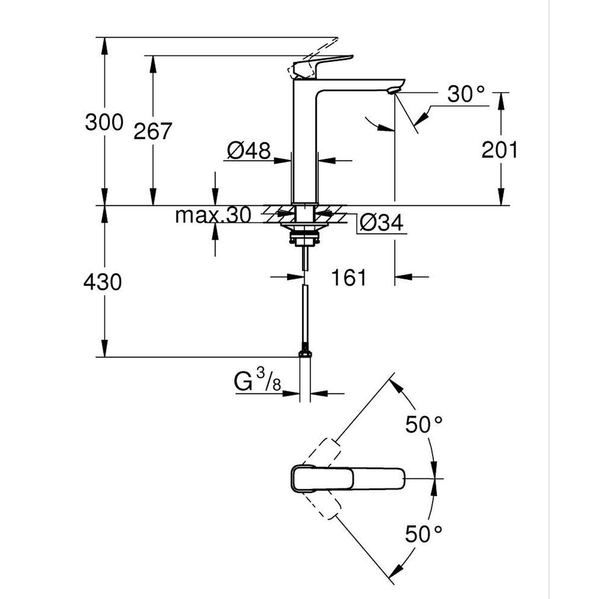 Grohe Cubeo Tezgah Üstü Lavabo Bataryası, Mat Siyah, XL-Boy - Teknik Çizim