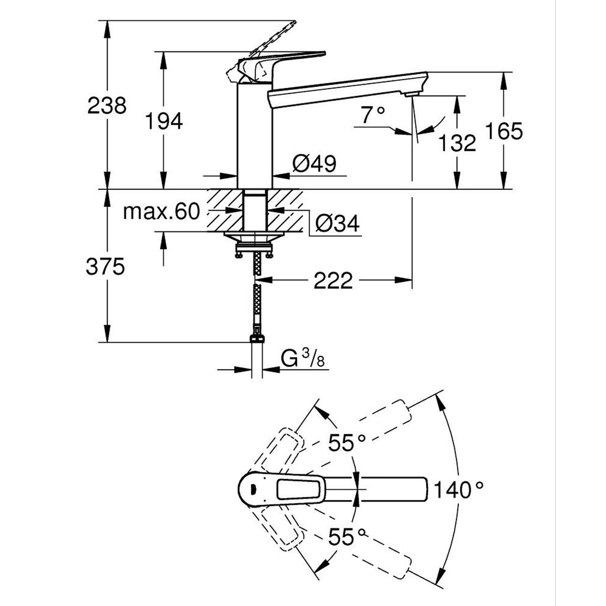 Grohe BauLoop Eviye Bataryası - Teknik Çizim
