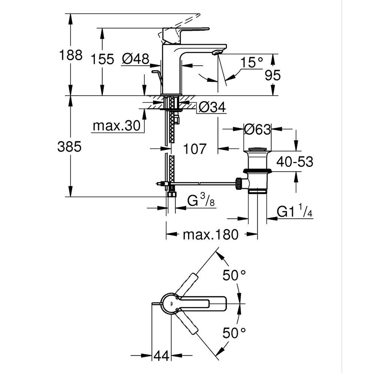 Grohe Lineare Lavabo Bataryası, Sifon Kumandalı - Teknik Çizim