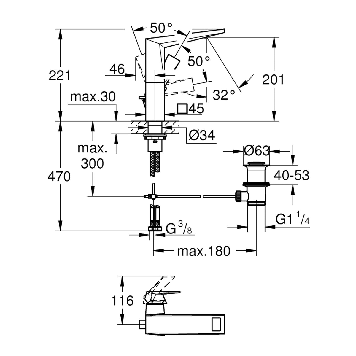 Grohe Allure Brilliant Sifon Kumandalı Lavabo Bataryası (L-Boy), Paslanmaz Çelik - Teknik Çizim