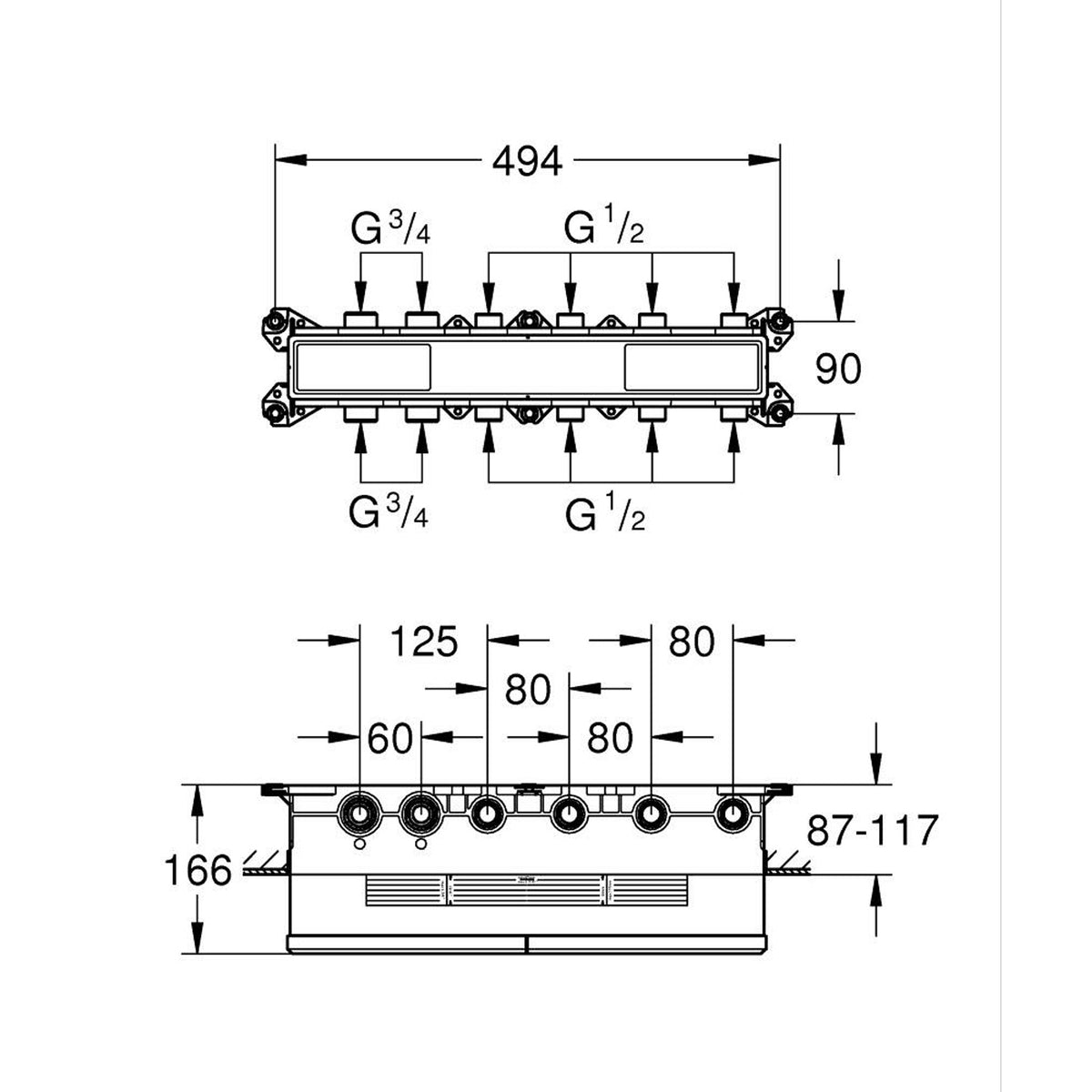Grohe Grohtherm Aqua Tiles SmartControl Termostatik Ankastre Banyo Bataryası, 4 Çıkışlı (Sıva Altı Grubu) - Teknik Çizim