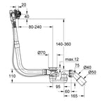 Grohe Talentofill Doldurmalı Kumandalı Küvet Tropleni, Mat Siyah - Teknik Çizim
