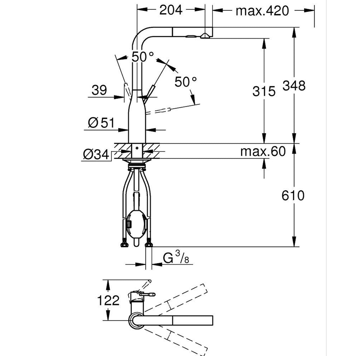 Grohe Essence Spiralli Eviye Bataryası, L Başlıklı, Bakır - Teknik Çizim