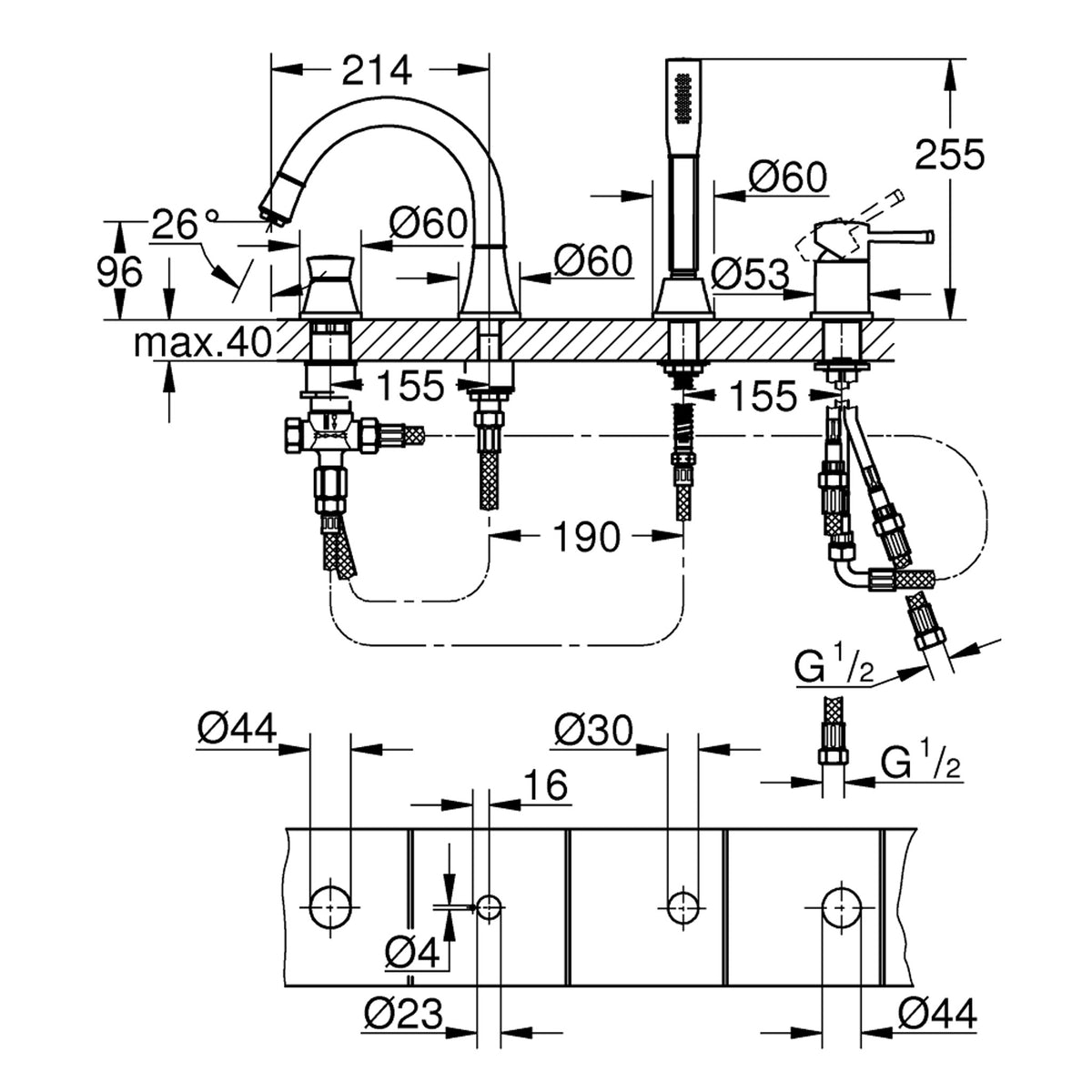 Grohe Grandera 4 Delikli Küvet Bataryası - Teknik Çizim