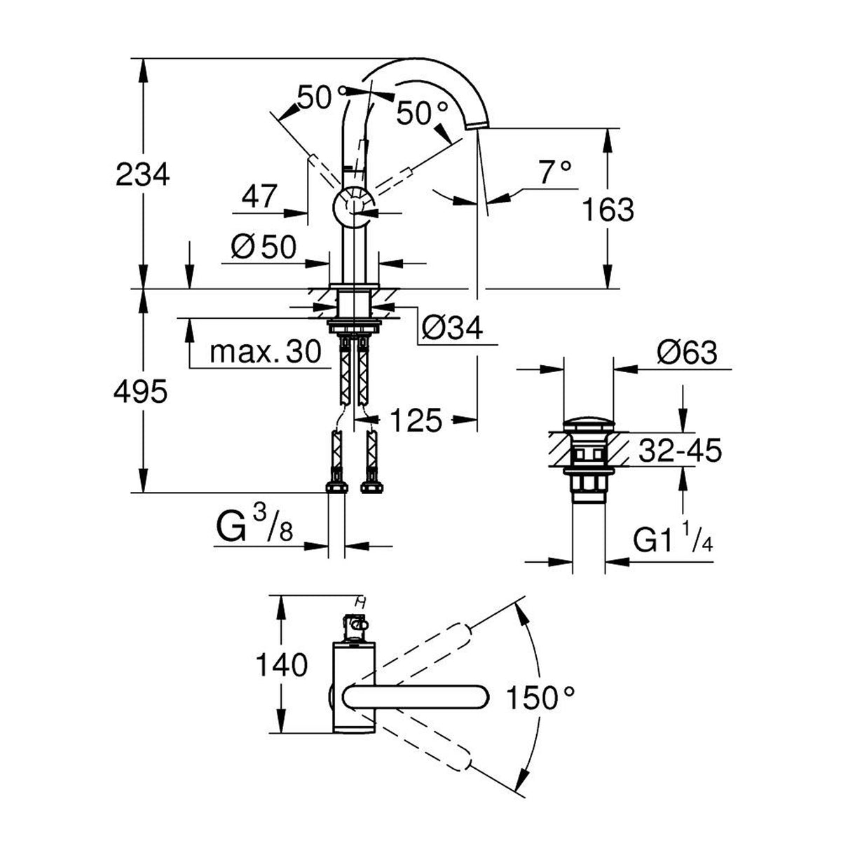 Grohe Atrio Lavabo Bataryası (M-Boy), Altın - Teknik Çizim
