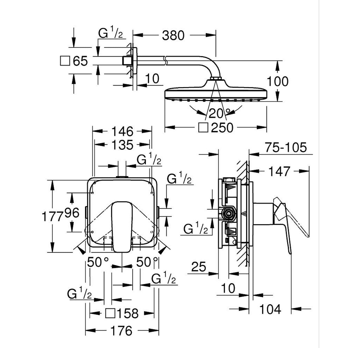 Grohe Cubeo Ankastre Duş Bataryası ve Tepe Duşu Seti, Mat Siyah - Teknik Çizim
