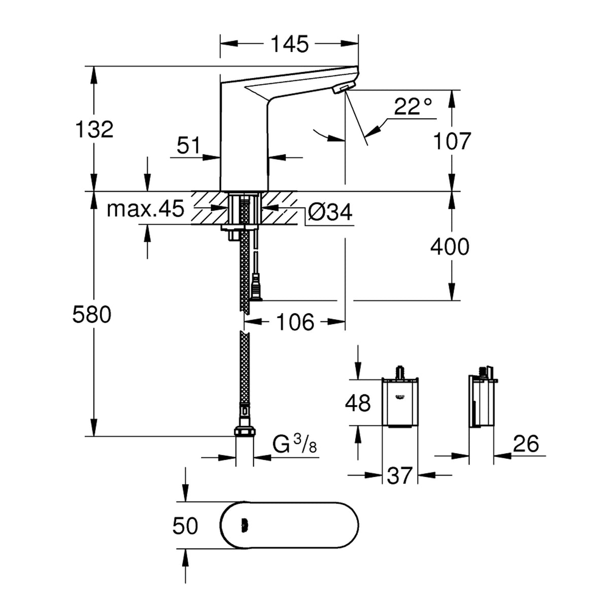 Grohe Eurosmart Cosmopolitan E Fotoselli Lavabo Bataryası (Tek Su Girişli-Pilli) - Teknik Çizim