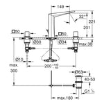 Grohe Allure Brilliant L-Boy, 3 Delikli Lavabodan Ankastre Lavabo Bataryası, Sifon Kumandalı, Fırçalı Sert Grafit - Teknik Çizim