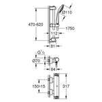 Grohe Grohtherm 2000 Termostatik Duş Bataryası ve Sürgülü Duş Takımı - Teknik Çizim