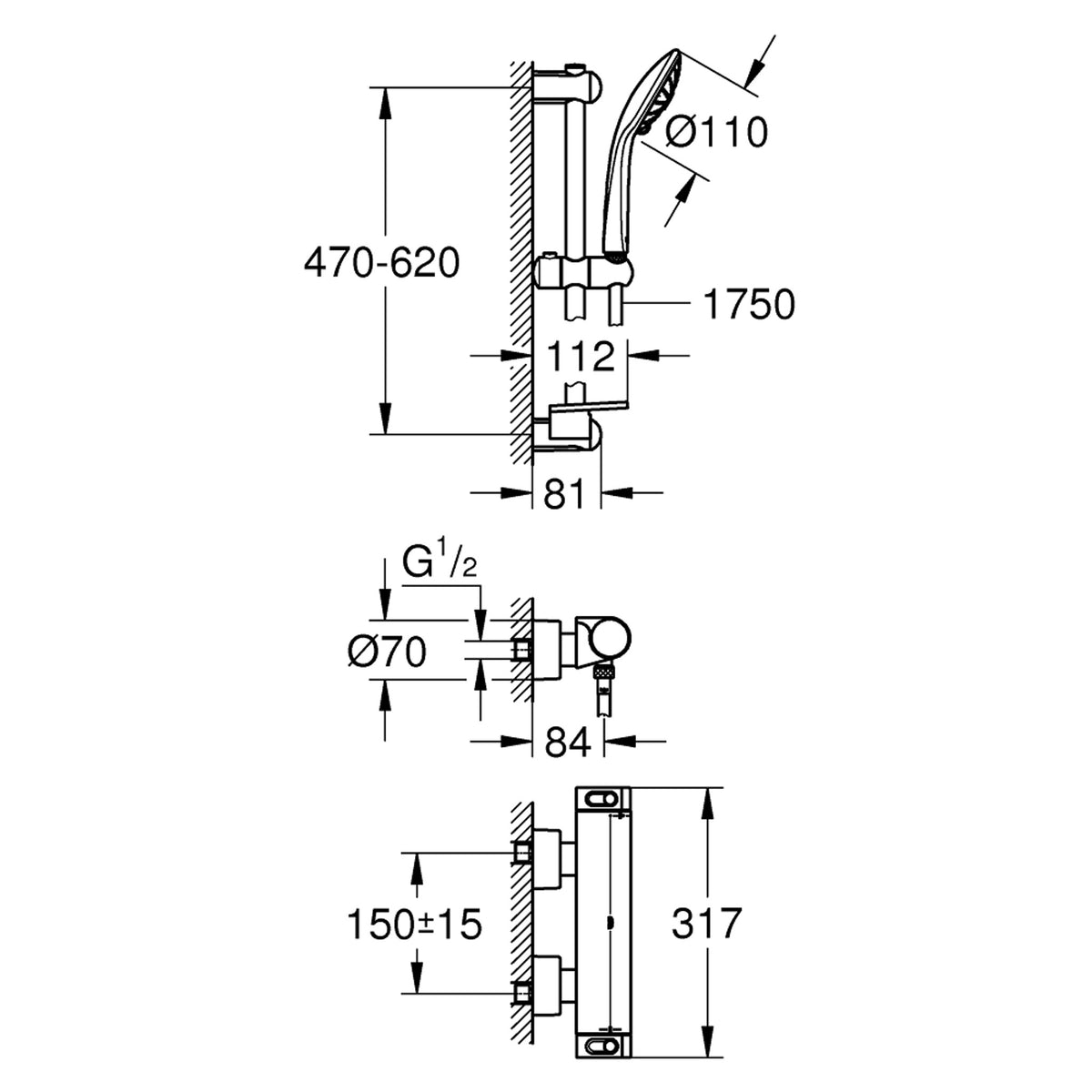 Grohe Grohtherm 2000 Termostatik Duş Bataryası ve Sürgülü Duş Takımı - Teknik Çizim