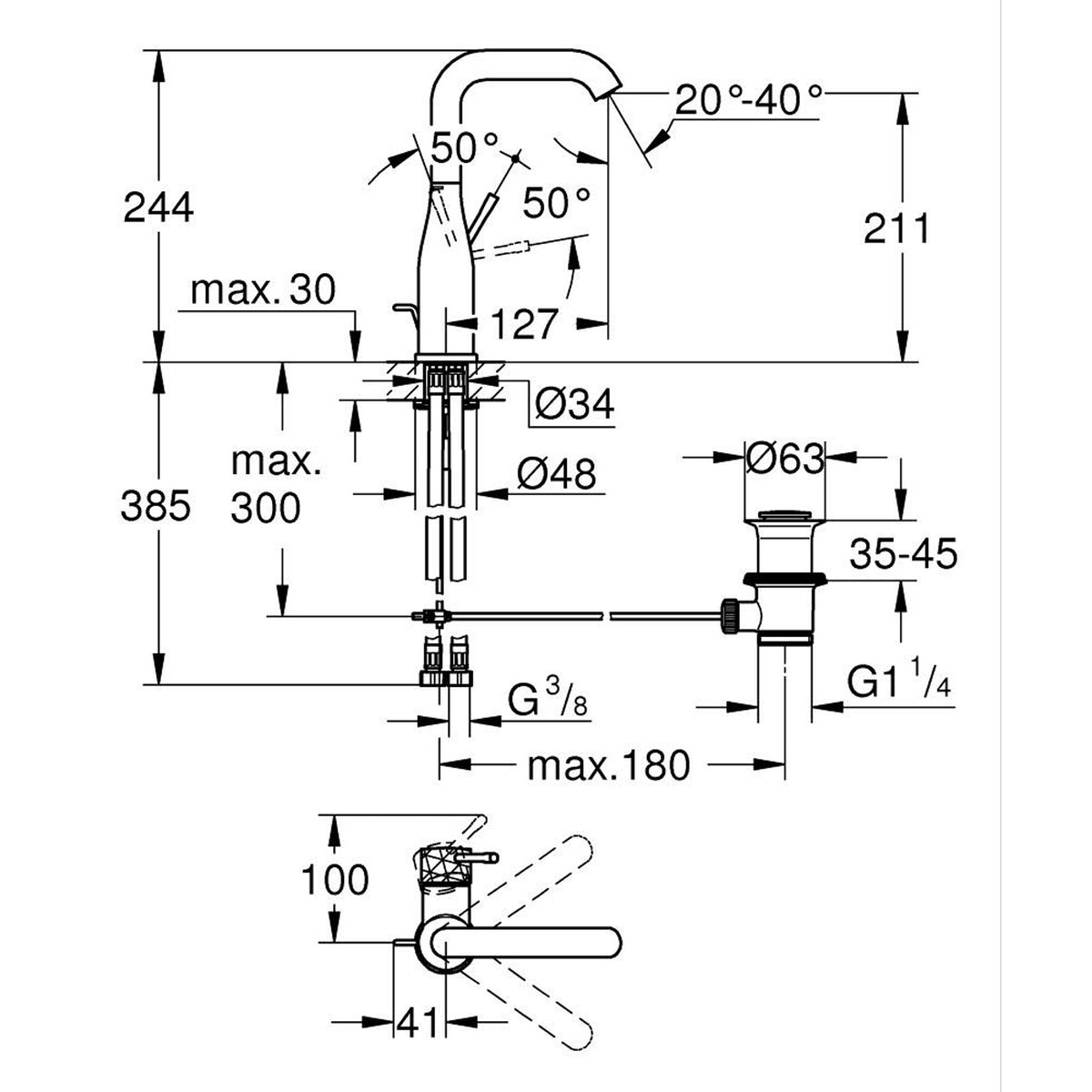 Grohe Essence Yüksek Lavabo Bataryası, Sifon Kumandalı, İşlenmiş Fırçalı Altın - Teknik Çizim