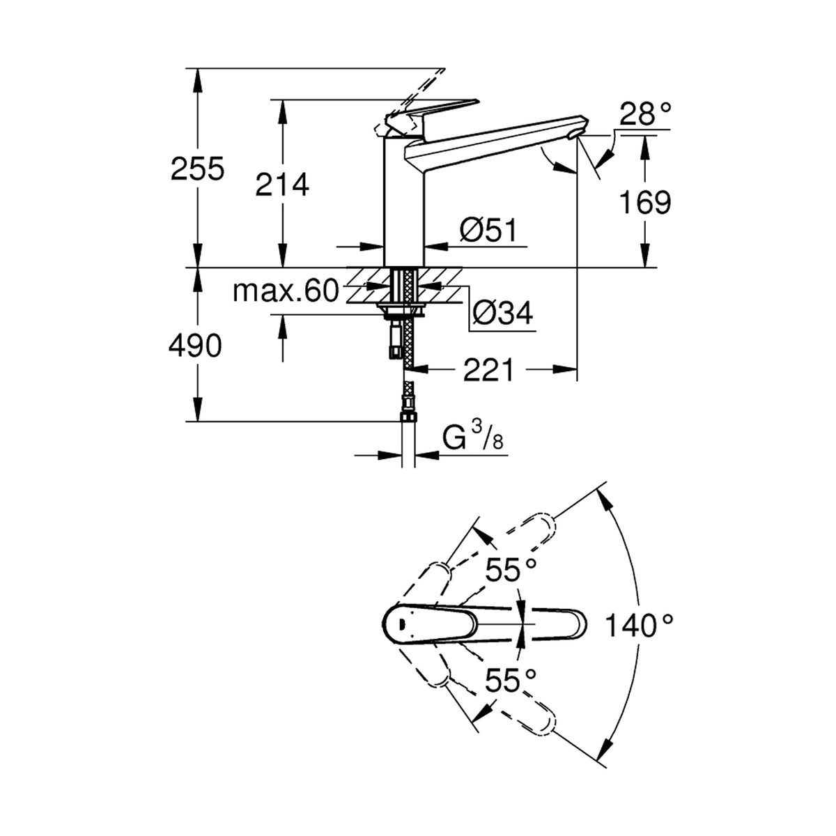 Grohe Eurodisc Cosmopolitan Eviye Bataryası - Teknik Çizim