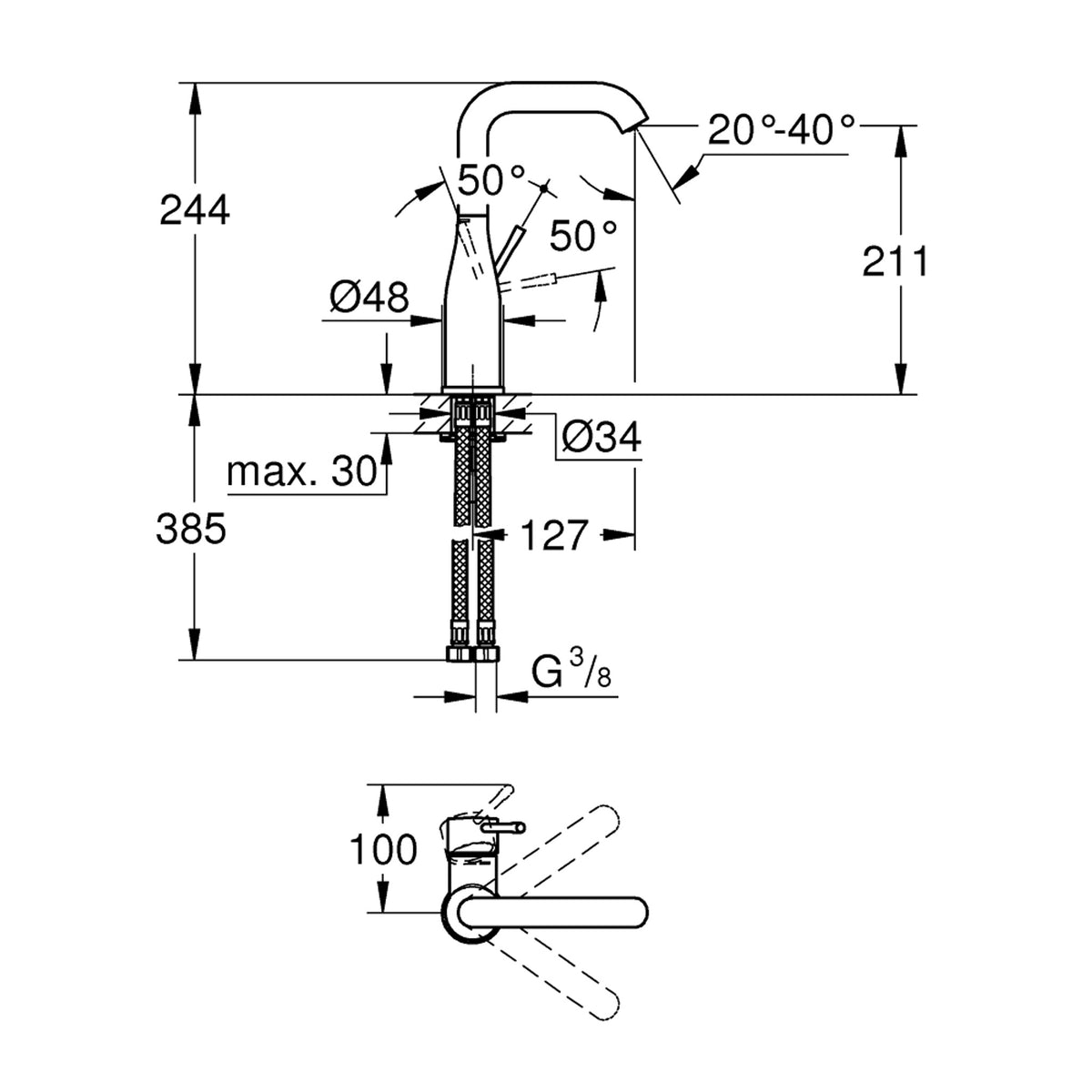 Grohe Essence Yüksek Lavabo Bataryası - Teknik Çizim