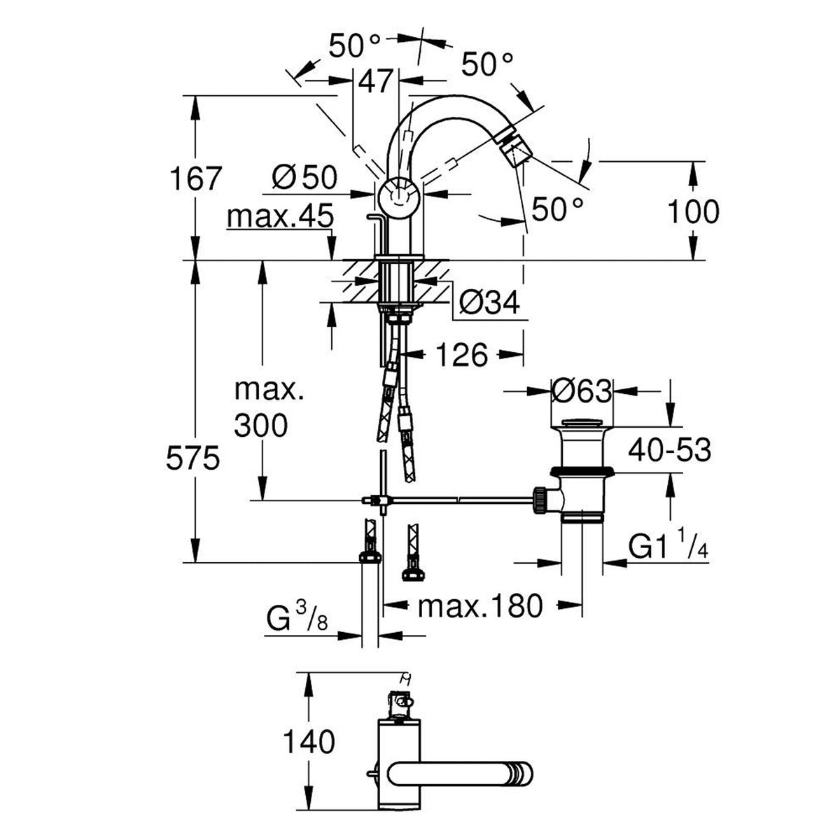 Grohe Atrio Sifon Kumandalı Bide Bataryası (M-Boy), Altın - Teknik Çizim