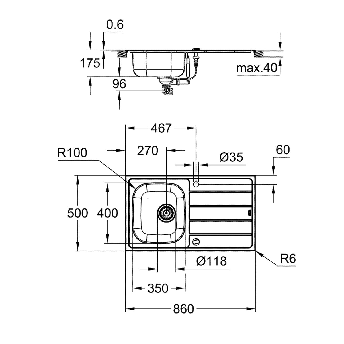 Grohe K200 Damlalıklı Tek Gözlü Eviye, Paslanmaz Çelik - Teknik Çizim