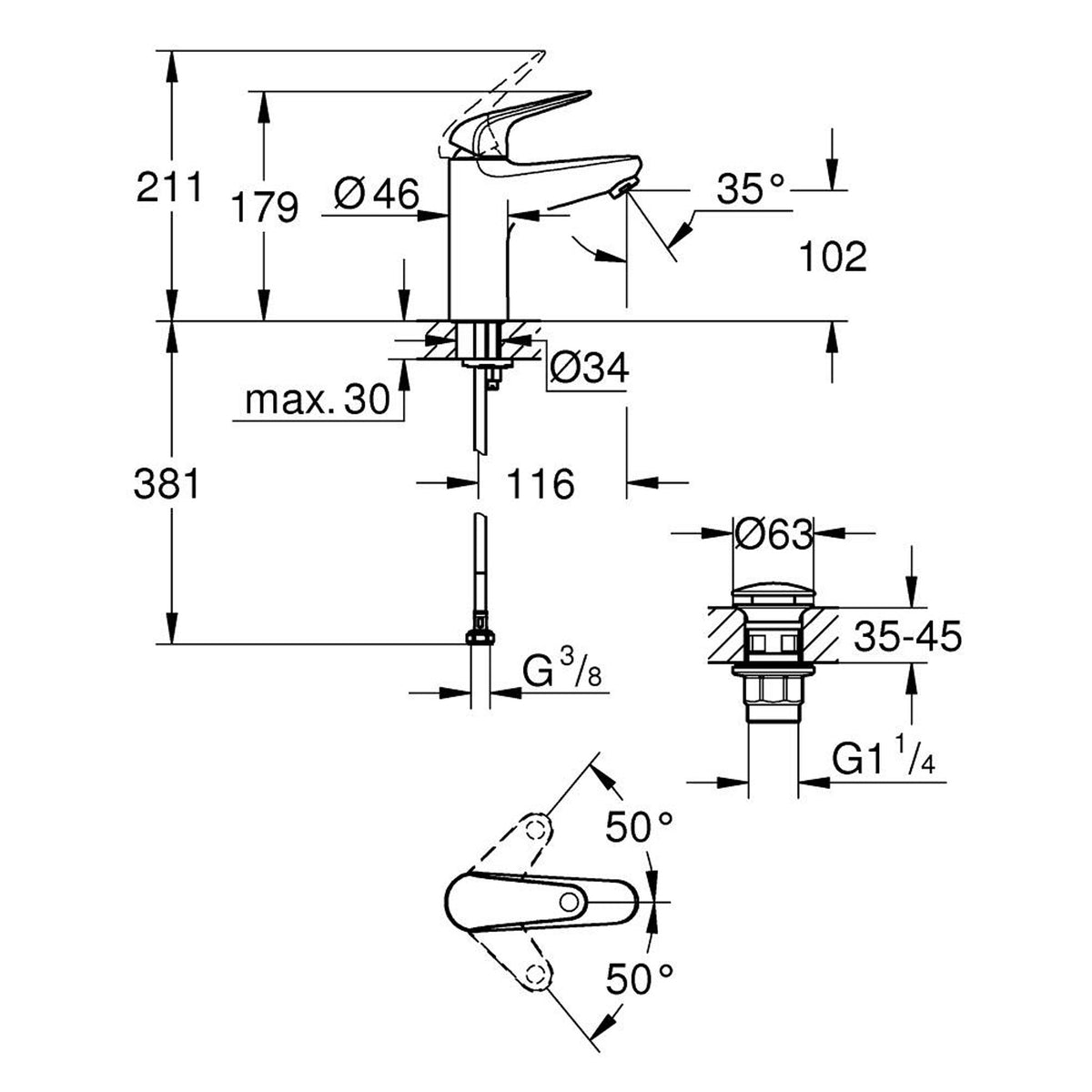Grohe Euroeco Lavabo Bataryası, M-Boy - Teknik Çizim