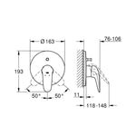 Grohe Eurostyle Ankastre Banyo Duş Bataryası (Sıva Üstü Grubu), 2 Yollu - Teknik Çizim