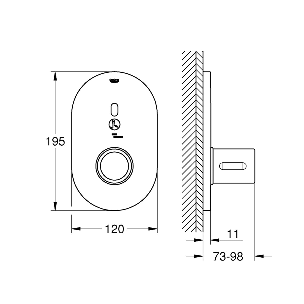 Grohe Eurosmart Cosmopolitan E Ankastre Duş Termostatı için Duş Bataryası - Teknik Çizim