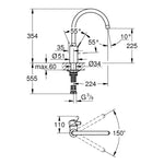 Grohe Eurosmart Eviye Bataryası, Paslanmaz Çelik - Teknik Çizim