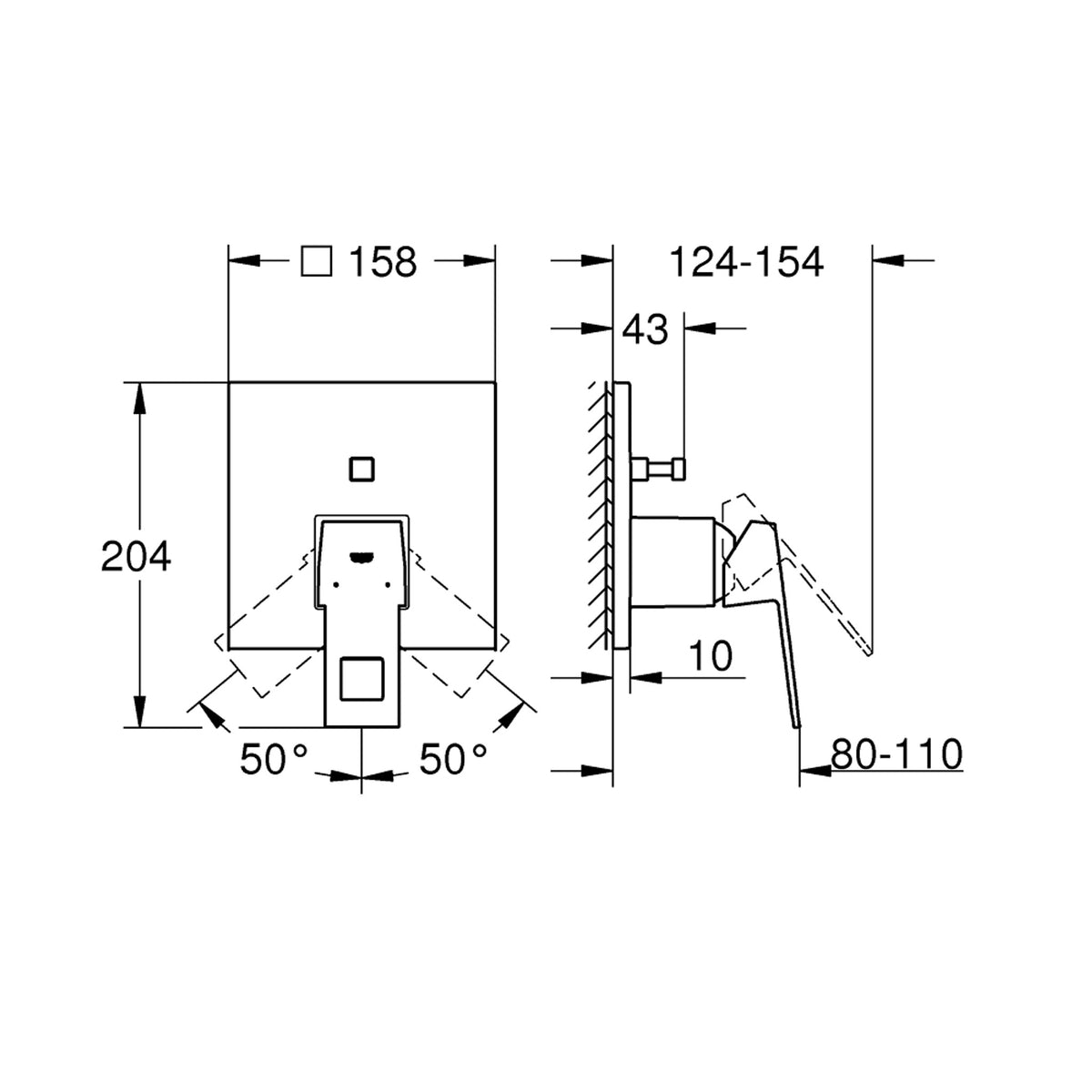 Grohe Eurocube Ankastre Banyo/Duş Bataryası (Sıva Üstü Grubu), Paslanmaz Çelik - Teknik Çizim