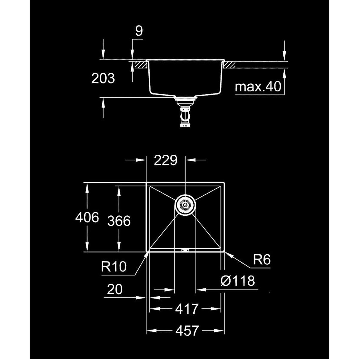 Grohe K700U Kompozit Tek Gözlü Eviye, Granit Siyah - Teknik Çizim