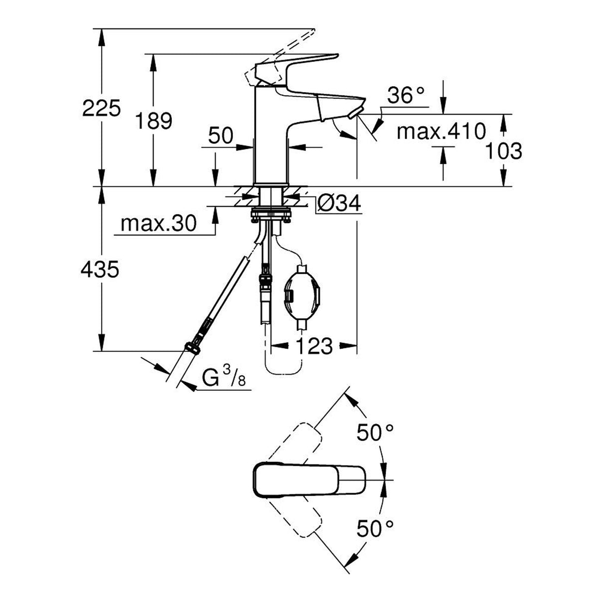 Grohe Cubeo Spiralli Lavabo Bataryası, M-Boy - Teknik Çizim