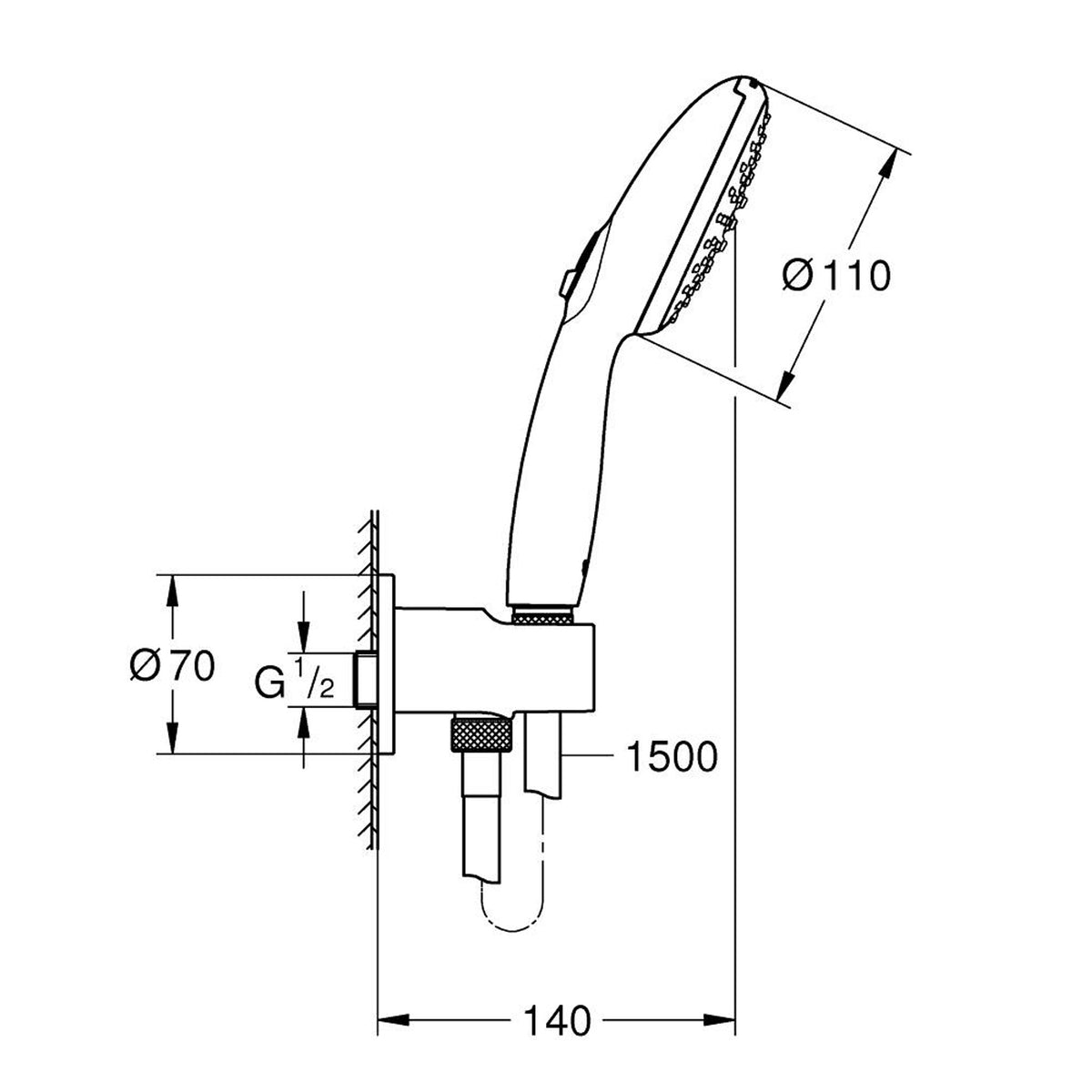 Grohe New Tempesta Ankastre Bağlantılı El Duşu Seti, 2 Akışlı - Teknik Çizim
