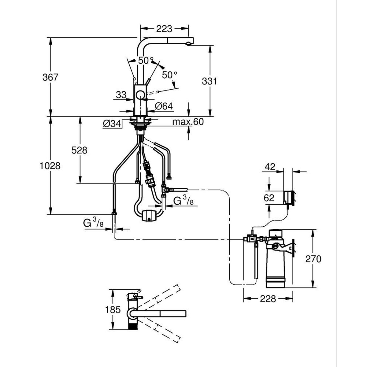 Grohe Blue Pure Minta Arıtmalı İçme Suyu ve Soda Yapan Professional Spiralli Eviye Bataryası Başlangıç Seti - Teknik Çizim